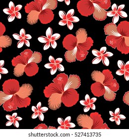 Vector vintage seamless tropical hibiscus flowers. Pattern on a black background in orange, brown and red colors.
