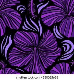 Vector vintage seamless tropical hibiscus flowers. Pattern on a black background in violet colors.