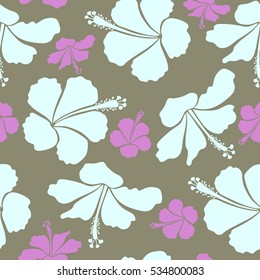 Vector vintage seamless tropical hibiscus flowers. Seamless pattern in neutral and pink colors.