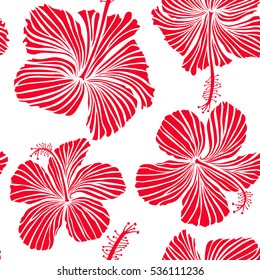 Vector vintage seamless tropical hibiscus flowers. Pattern on a white background in red colors.