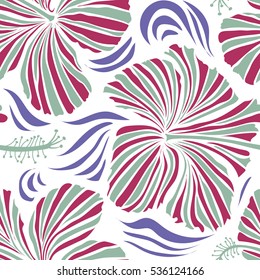 Vector vintage seamless tropical hibiscus flowers. Pattern on a white background in pink and neutral colors.