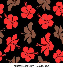 Vector vintage seamless tropical hibiscus flowers. Pattern on a black background in brown and red colors.