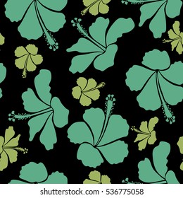 Vector vintage seamless tropical hibiscus flowers. Pattern on a black background in green colors.