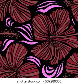 Vector vintage seamless tropical hibiscus flowers. Pattern on a black background in red colors.
