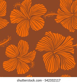 Vector vintage seamless tropical hibiscus flowers. Seamless pattern in orange and brown colors.