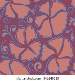 Vector vintage seamless tropical hibiscus flowers. Seamless pattern in blue, purple and pink colors.