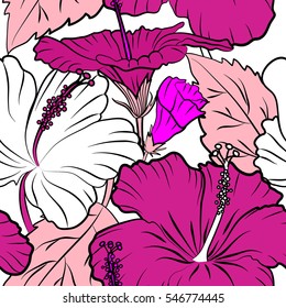 Vector vintage seamless tropical hibiscus flowers. Pattern on a white background in magenta and white colors.