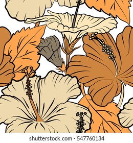 Vector vintage seamless tropical hibiscus flowers. Pattern on a white background in beige and orange colors.