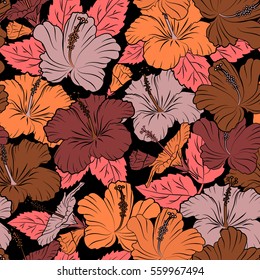 Vector vintage seamless tropical hibiscus flowers. Pattern on a black background in red, pink and orange colors.