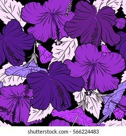 Vector vintage seamless tropical hibiscus flowers. Pattern on a black background in purple and violet colors.
