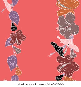 Vector vintage seamless tropical hibiscus flowers. Seamless pattern in purple and red colors with copy space (place for your text).