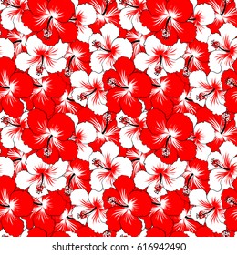 Vector vintage seamless tropical hibiscus flowers. Seamless pattern in white and red colors.
