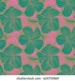 Vector vintage seamless tropical hibiscus flowers. Seamless pattern in pink, green and blue colors.