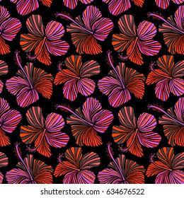 Vector vintage seamless tropical hibiscus flowers. Pattern on a black background in pink, violet and red colors.