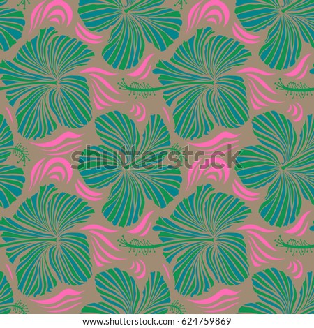 Vector vintage seamless tropical hibiscus flowers. Seamless pattern in pink, green and blue colors.