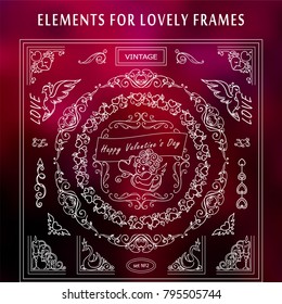 Vector vintage set 2 of corners and frames. Ornate beautiful elements, arrows and dividers, for 14 february, Valentine's day, for wedding cards, invitations design. High quality art, new in each set