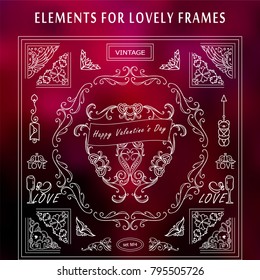 Vector vintage set 4 of corners and frames. Ornate beautiful elements, arrows and dividers, for 14 february, Valentine's day, for wedding cards, invitations design. High quality art, new in each set