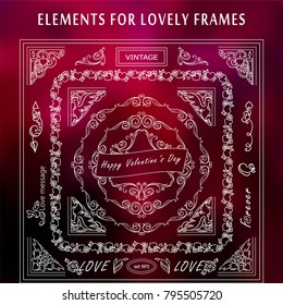 Vector vintage set 5 of corners and frames. Ornate beautiful elements, arrows and dividers, for 14 february, Valentine's day, for wedding cards, invitations design. High quality art, new in each set