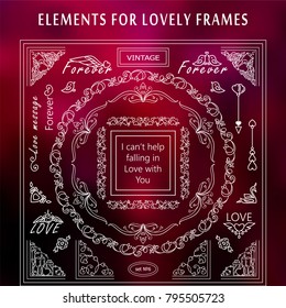 Vector vintage set 6 of corners and frames. Ornate beautiful elements, arrows and dividers, for 14 february, Valentine's day, for wedding cards, invitations design. High quality art, new in each set