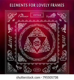 Vector vintage set 9 of corners and frames. Ornate beautiful elements, arrows and dividers, for 14 february, Valentine's day, for wedding cards, invitations design. High quality art, new in each set