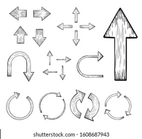 Vector vintage set of arrows. Elements for design. Monochrome black and white illustration on white background. Old wood texture. Straight round triple single double turn back forward right left arrow
