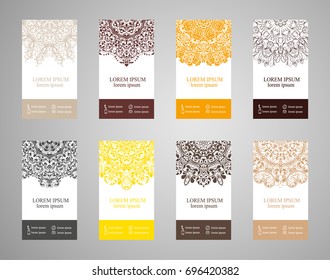Vector vintage set of business cards. Floral mandala pattern and decoration. The layout of the Oriental style. Islam, Arabic, Indian, Ottoman motifs. Home page and page back. EPS 10