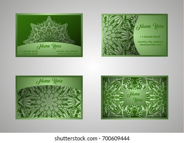 Vector vintage set of business cards. Floral mandala pattern and decoration. The layout of the Oriental style. Islam, Arabic, Indian, Ottoman motifs. Home page and page back. EPS 10