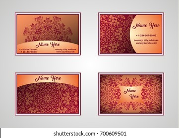 Vector vintage set of business cards. Floral mandala pattern and decoration. The layout of the Oriental style. Islam, Arabic, Indian, Ottoman motifs. Home page and page back. EPS 10