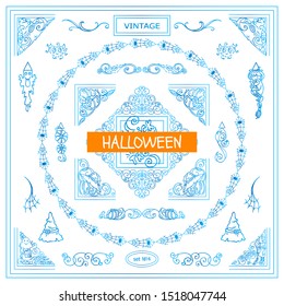 Vector vintage set of corners and frames. Beautiful elements, arrows, dividers for Halloween holiday. Witches, scary, creepy pumpkins, funny monsters. High quality art, blue watercolor style. 4 from 9