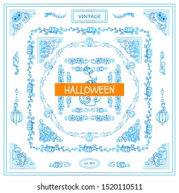 Vector vintage set of corners and frames. Beautiful elements, arrows, dividers for Halloween holiday. Witches, scary, creepy pumpkins, funny monsters. High quality art, blue watercolor style. 9 from 9