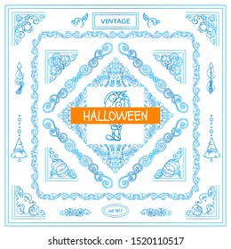 Vector vintage set of corners and frames. Beautiful elements, arrows, dividers for Halloween holiday. Witches, scary, creepy pumpkins, funny monsters. High quality art, blue watercolor style. 7 from 9