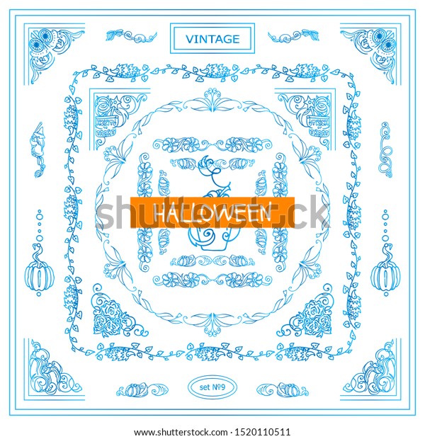 Vector vintage set of corners and frames. Beautiful\
elements, arrows, dividers for Halloween holiday. Witches, scary,\
creepy pumpkins, funny monsters. High quality art, blue watercolor\
style. 9 from 9