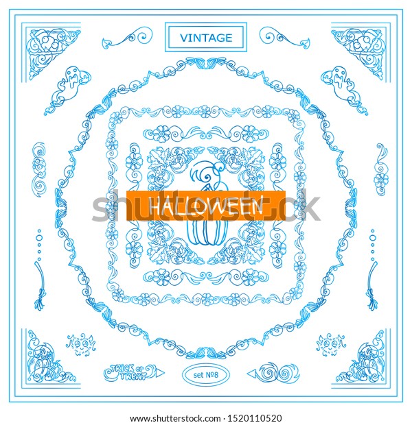 Vector vintage set of corners and frames. Beautiful\
elements, arrows, dividers for Halloween holiday. Witches, scary,\
creepy pumpkins, funny monsters. High quality art, blue watercolor\
style. 8 from 9