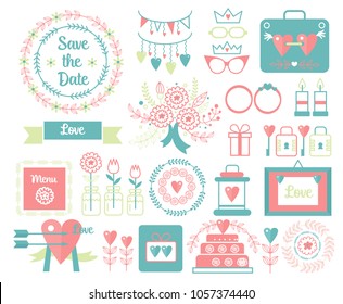 Vector vintage set of decorative cute wedding elements and hand drawn icons illustrations. Floral doodles, leaves, branches, flowers, birds, laurels, banners and frames.