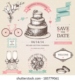 Vector vintage set of decorative wedding elements and hand drawn illustrations.  