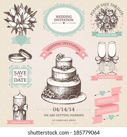 Vector vintage set of decorative wedding elements and hand drawn illustrations.  