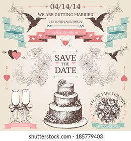 Vector vintage set of decorative wedding elements and hand drawn illustrations.  