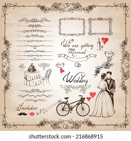 Vector vintage set of decorative wedding elements and hand drawn illustrations.