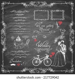 Vector vintage set of decorative wedding elements and hand drawn illustrations  on chalkboard.