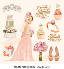 Vector vintage set of decorative wedding elements in vintage style