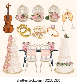 Vector vintage set of decorative wedding elements in vintage style