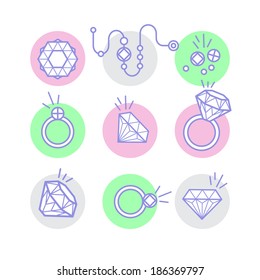 Vector vintage set of diamonds, rings, necklace on white background