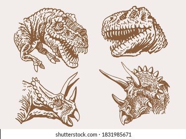 Vector vintage set of dinosaurs' portraits , tyrannosaurus and triceratops