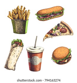 Vector vintage set with engraved fast food illustrations. Color hand drawn burger, sandwich, wrap, french fries, pizza slice and drink isolated on white background.