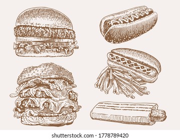 Vector vintage set of fast food elements, junk food