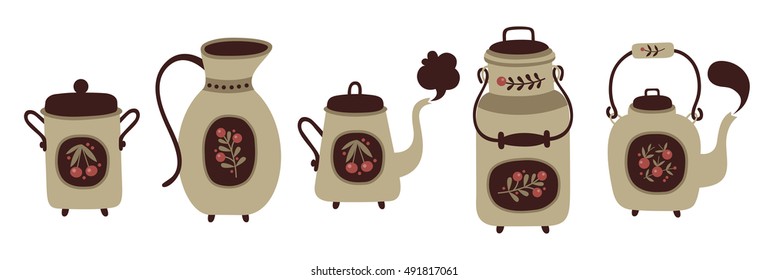 Vector vintage set of floral and rustic tea pot, coffee pot,
 milk jug, sugar bowl and a pitcher