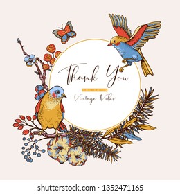 Vector vintage set of floral spring greeting card, with birds, fir branches, cotton, flowers and butterflies. Hand painted natural illustration, design invitation, round frame