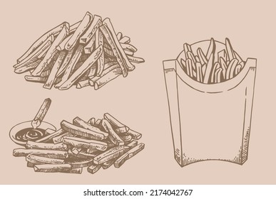 Vector vintage  set of french fries,graphical fast food elements. Junk food sepia illustration