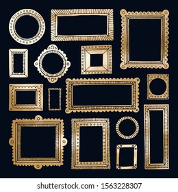 Conjunto vectorial de hojas de oro dibujado a mano de doodle de imagen y marcos fotográficos sobre fondo azul oscuro
