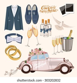 Vector vintage set for groom with decorative wedding elements in vintage style